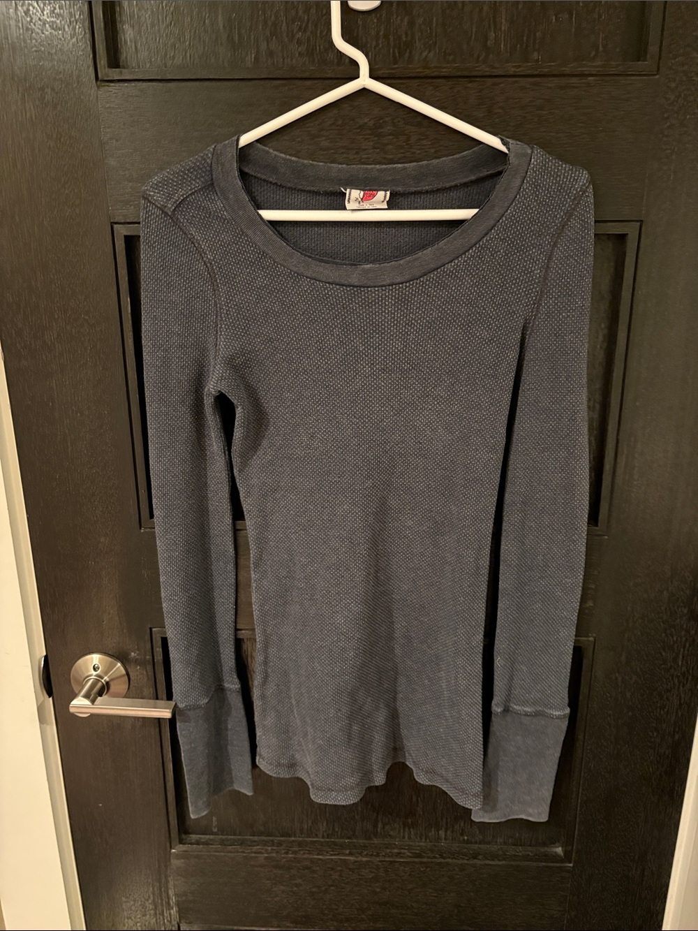 Free People Waffle Knit Thermal Long Sleeve Top Studded Cuffs Charcoal Gray M